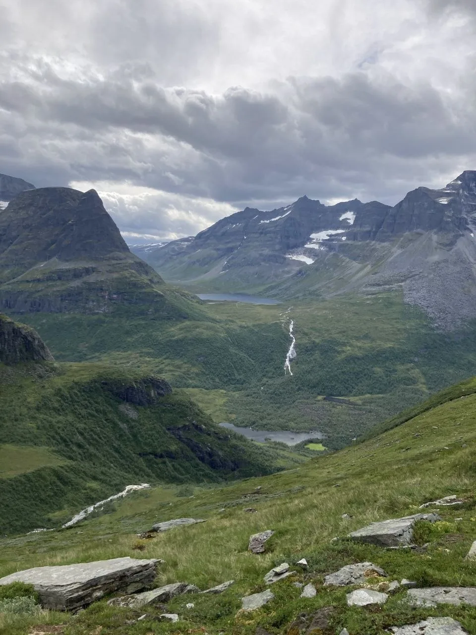 Valley and lake view beneath cloudy skies