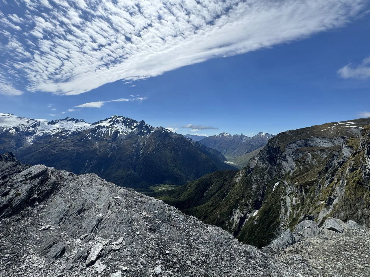 Looking down the Dart Valley from the alpine pass on the Rees-Dart Track.