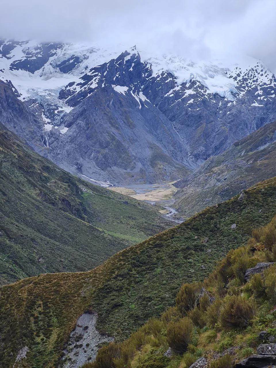 Looking down the Dart Valley toward a glacial lake from the Rees-Dart saddle.